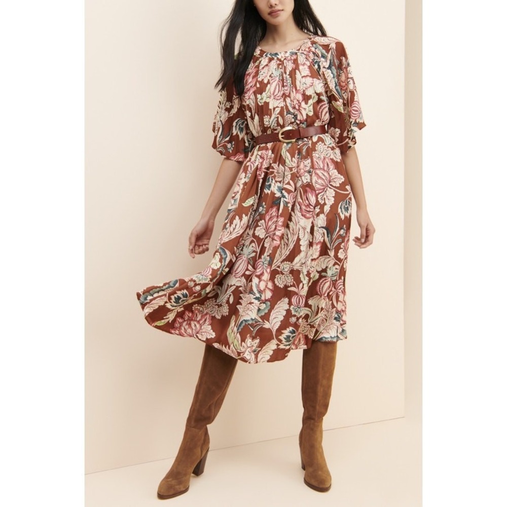 by Anthropologie Leandra Pleated Midi Dress XL Brown Floral Polyester Lined